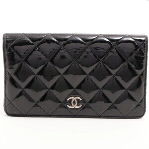 Chanel Matelasse Patent Leather Long Wallet Black Silver - EUC